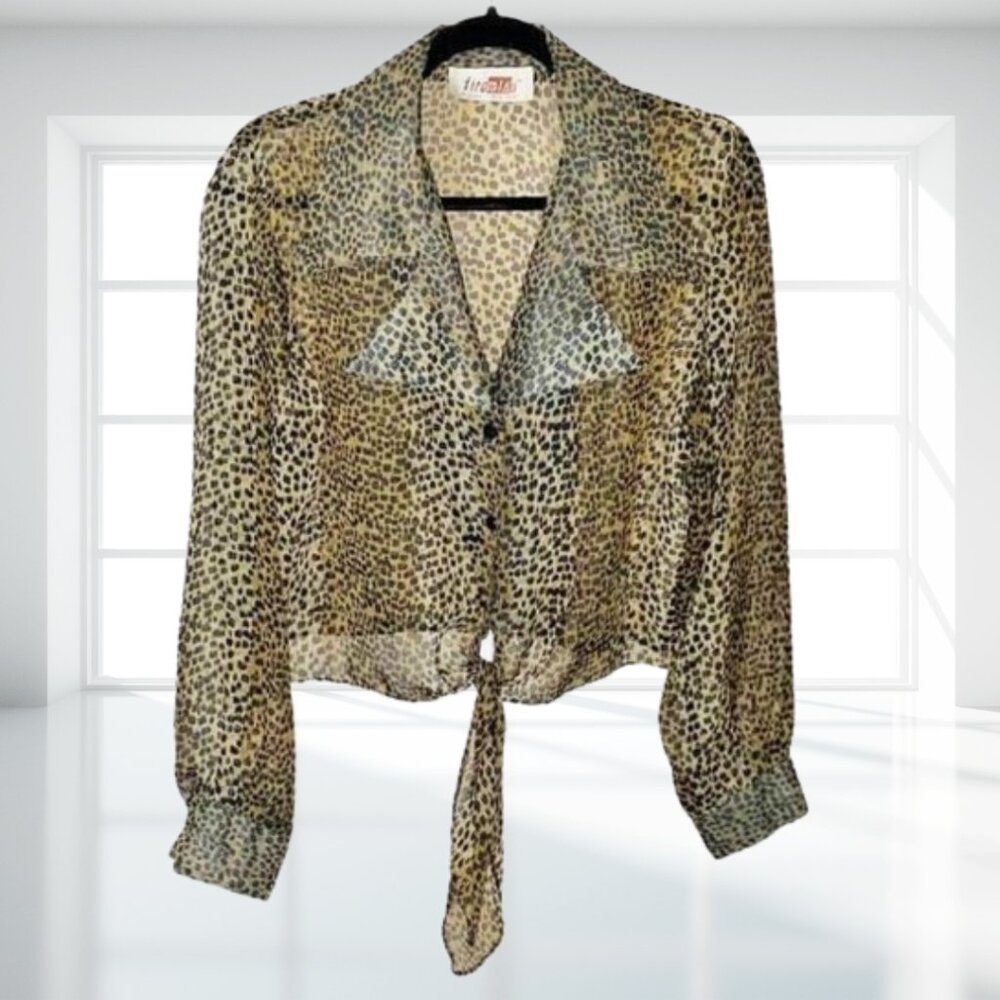 Vintage Tiramisu Sheer Leopard Print Tie-Front Blouse 90s Y2K Mob Wife Glam - Picture 2 of 7